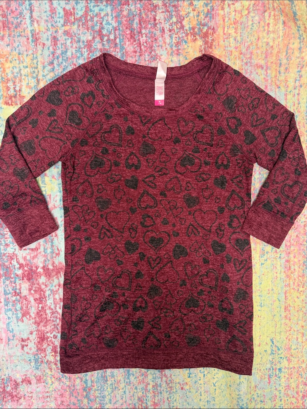 No Boundaries Maroon Scoop Neck Heart-Print Sweater